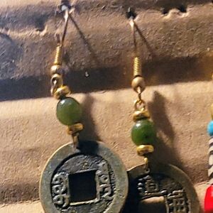 Chinese Coin With Jade Dragon Dangle Earrings